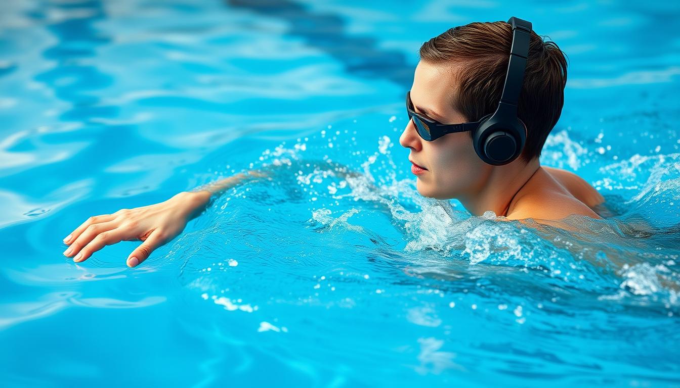 Los 10 Mejores Auriculares Sumergibles para Natación 12 Nadador usando auriculares sumergibles en una piscina